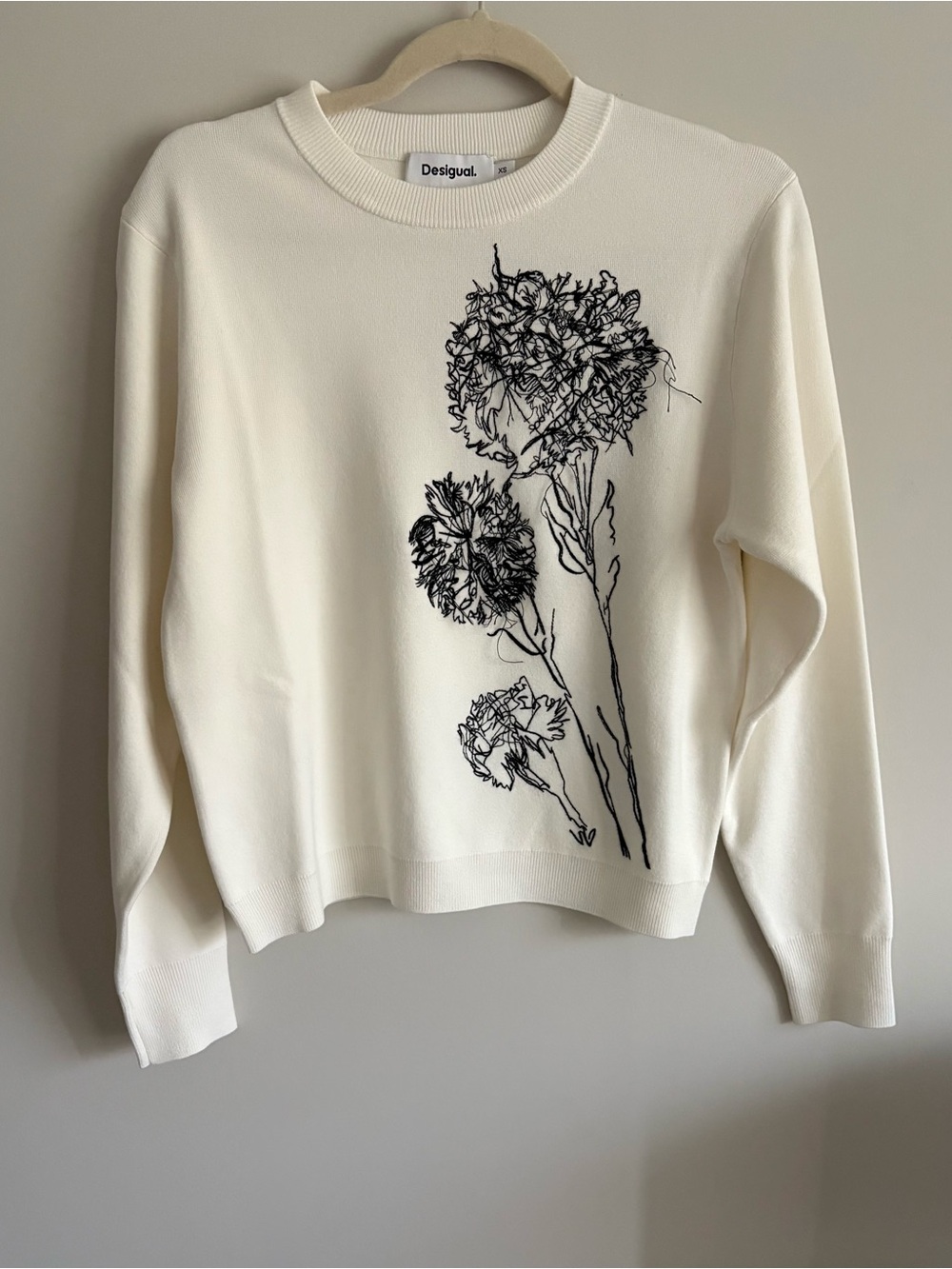 Desigual Cream Crewneck Sweater with Black Floral Sketch